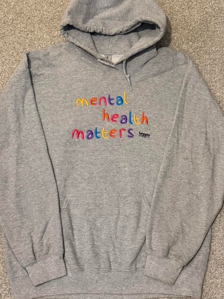 Gray Hoodie With Colorful "Mental Health Matters" Embroidery